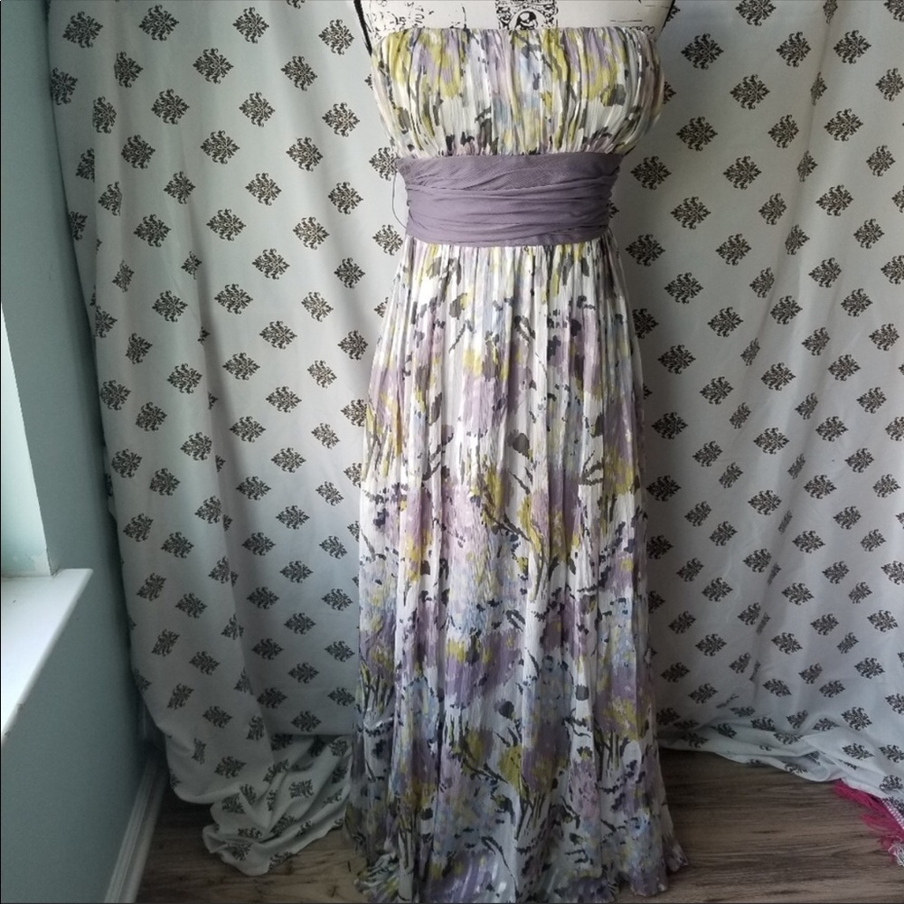 BCBGMaxAzria Lavender, Yellow and White Pleated Maxi Dress